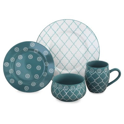 16pc Stoneware Morocco Dinnerware Set Turquoise: Moroccan Dinnerware, Floral & Scroll Pattern, Service for 4