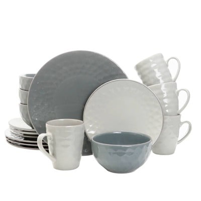 16pc Stoneware Multi-Diamond Dinnerware Set Gray: Dishware Set, Service for 4, Microwave & Dishwasher Safe
