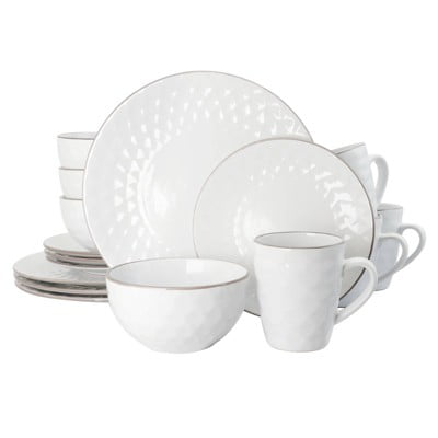 16pc Stoneware Multi-Diamond Dinnerware Set White - Round Dishware, Microwave & Dishwasher Safe, Service for 4