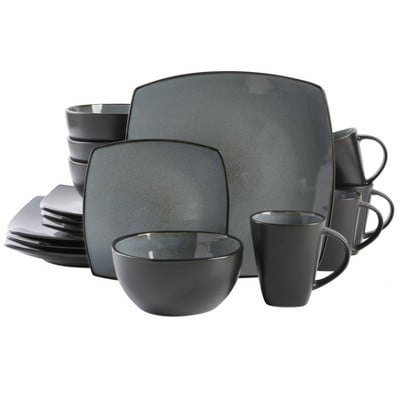 16pc Stoneware Square Dinnerware Set Black: Dishwasher & Microwave Safe Dish Set