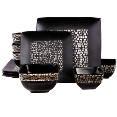 16pc Stoneware Wild Tile Square Dinnerware Set Black - Geometric Snakeskin Pattern, Service for 4, Microwave & Dishwasher Safe
