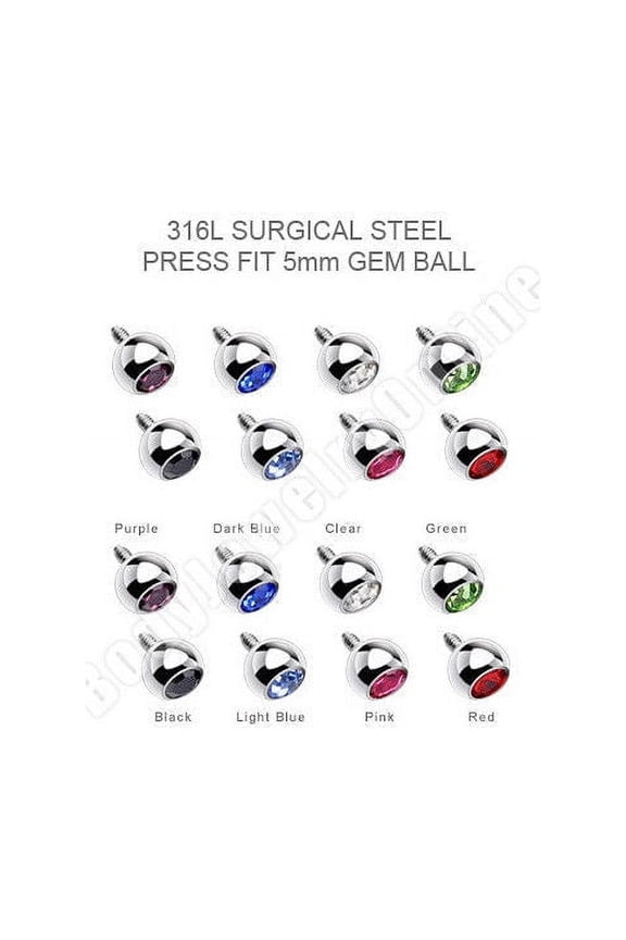 16pc Surgical Steel Press-Fit 5mm Gem Ball Dermal Anchor Tops
