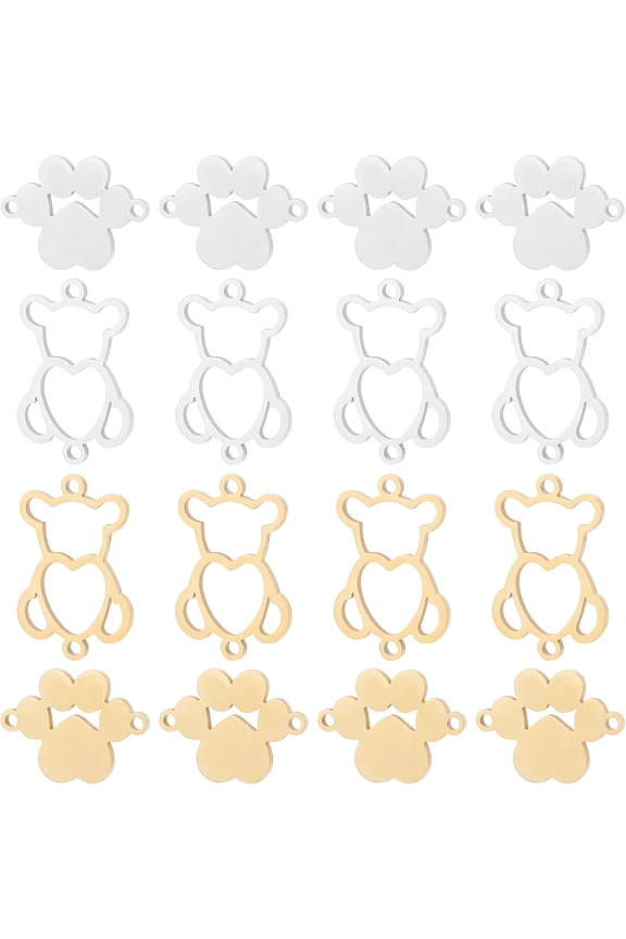16pcs 2 Styles Golden and Stainless Steel Color Hollow Bear Connectors with Heart Paw Print Pendant Findings Cute Teddy Bear Links for Necklace Bracelet Jewelry DIY Hole:1.5mm