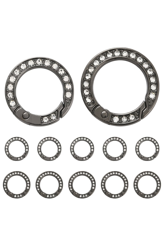 16pcs 2 styles Alloy Rhinestone Spring Gate Rings Ring Gunmetal 25~28x4.5~5mm 8pcs/style
