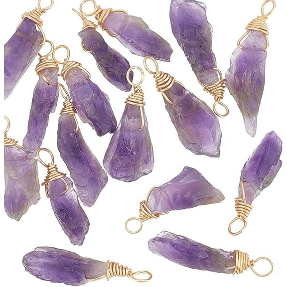 16pcs About 28mm Natural Amethyst Pendant Bulk Irregular Amethyst Charms Raw Amethyst Copper Wire Wrapped Pendants Natural Stone Healing Crystal Gemstone Charm for Jewelry Making