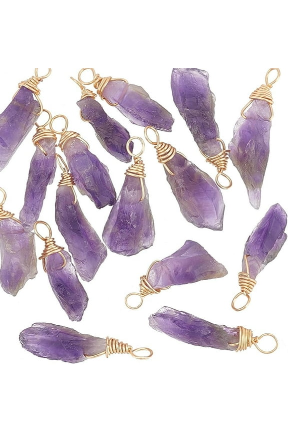 16pcs About 28mm Natural Amethyst Pendant Bulk Irregular Amethyst Charms Raw Amethyst Copper Wire Wrapped Pendants Natural Stone Healing Crystal Gemstone Charm for Jewelry Making