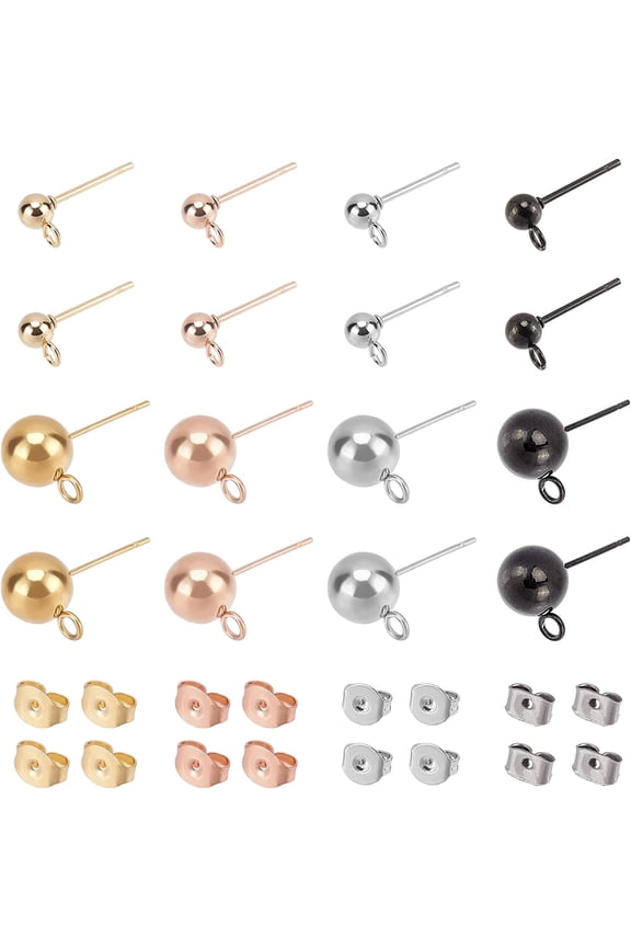 16pcs 4 Colors Round Ball Stud Earrings Hypoallergenic Studs Earrings with Loop Stainless Steel Earrings with Ear Nuts for Jewelry Making 1.7~2mm HoleMixed Color