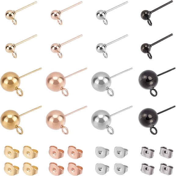 16pcs 4 Colors Round Ball Stud Earrings Hypoallergenic Studs Earrings with Loop Stainless Steel Earrings with Ear Nuts