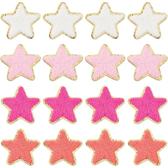 16pcs 4 Colors Star Patches Iron On Patches for DIY Clothes Gold Edge Sew On Patches with Paillette Pink Stars Adhesive Embroidered Appliques for DIY Jeans Coat Home Decoration 2.6x2.7 Inches