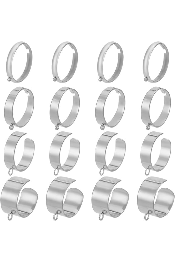16pcs 4 styles 304 Stainless Steel Plain Band Open Cuff Ring Findings Loop Ring Base Stainless Steel color 3~10mm Inner Diameter: 17~20mm 4pcs/style