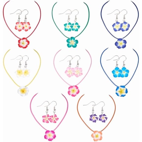 16pcs 8 Colors Flower Earrings and Necklace Set Plumeria Jewelry Set Polymer Clay Summer Hawaiian Sun Floral Dangle Earrings Necklaces Jewelry