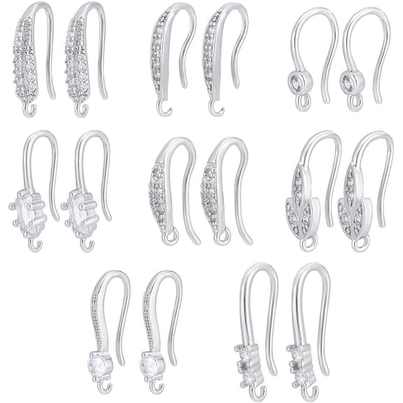 About 16pcs 8 Styles Ear Hooks Metal French Hooks Rhinestone Ear Wires Dangle Finding Hook with Loops Cubic Zirconia Brass Ear Hooks for Jewelry Making DIY Earring Findings