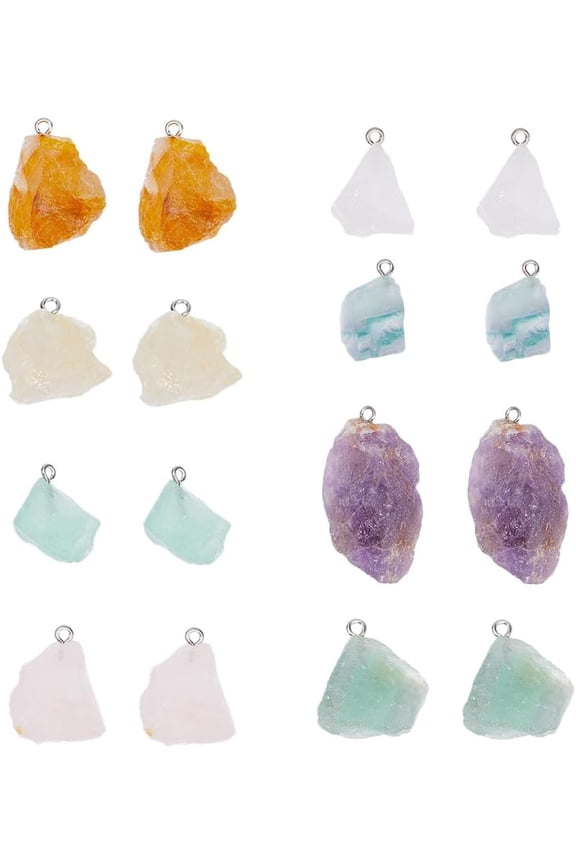16pcs 8 Styles Natural Gemstone Pendants Charms Nugget Gemstone Charm Random Irregular Agate Charms for DIY Bracelets Necklaces Jewelry Making Silver
