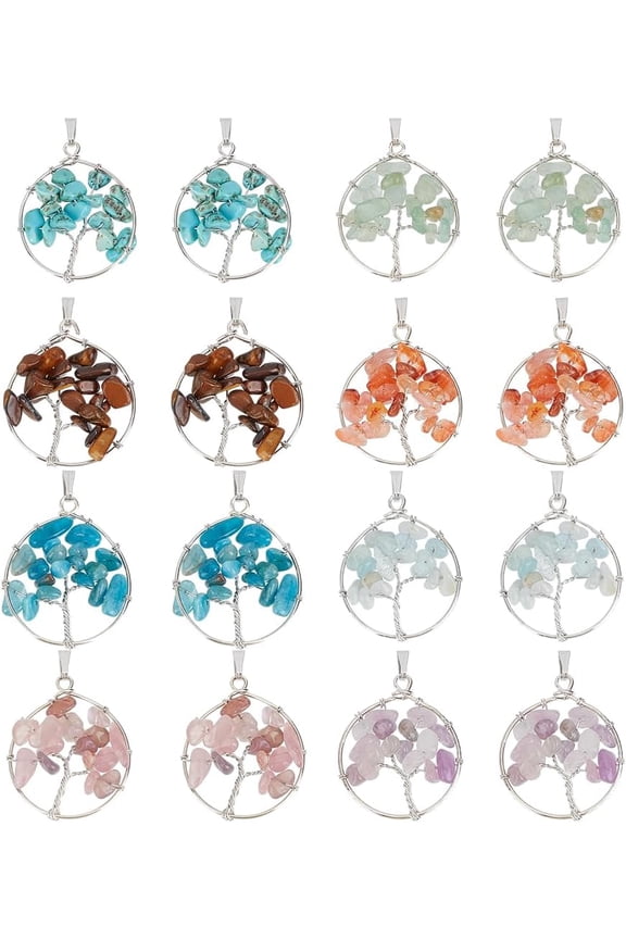 16pcs 8 Styles Tree of Life Pendant Natural Stone Colorful Nature Gemstone Jewelry Flat Round Crystals for DIY Necklace Earring Jewelry Thanksgiving Birthday Christmas Graduation Gift DIY