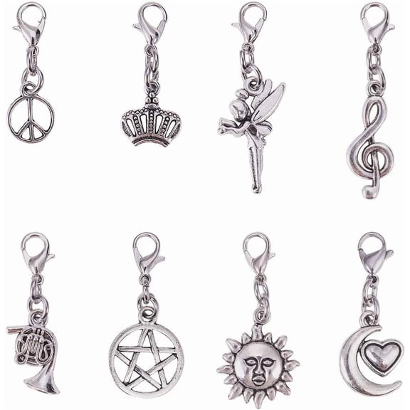 16pcs 8 Styles Zipper Pull Charms Pendants Beads Charms for Knitting Stitch Crochet Markers Purse Charms DIY Bracelet Necklace Jewelry Making