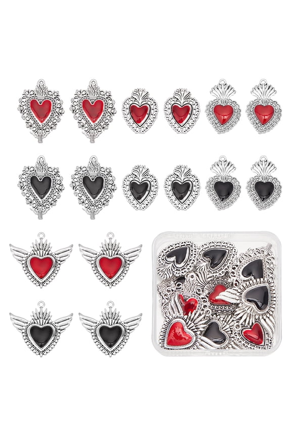 16pcs 8 styles Gothic Themed Alloy Pendants with Enamel Silver Heart Charm Mixed color 29~41x21.5~39x2~4mm Hole: 1.2~2mm 2pcs/style