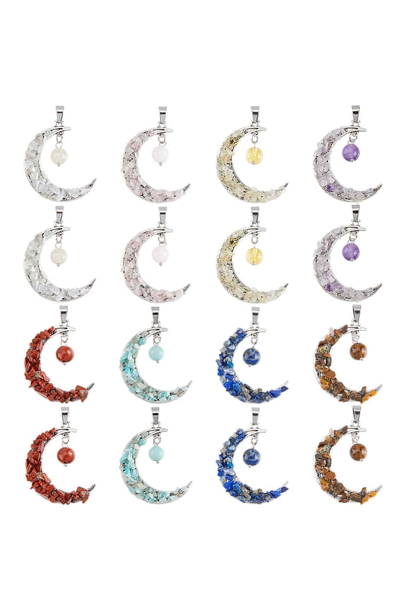 16pcs 8 styles Natural Amethyst & Tiger Eye & Citrine & Rose Quartz & Moonstone & Amazonite & Lazuli & Red Jasper Chip & Round Pendants Alloy Moon Charms Silver 42x36x8mm Hole: 6x4mm 2pcs/style