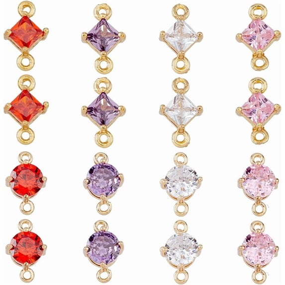 16pcs 8 styles Transparent Glass Connector Charms with Light golden Tone Brass Findings Faceted Rhombus & Flat Round Mixed color 11~12x7~7.5x4~5mm Hole: 1~1.2mm Side Length: 5mm 2pcs/style