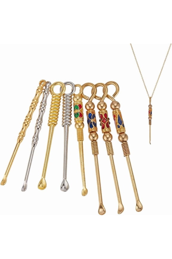 16pcs Alloy Mini Ear Spoon Necklace Loop Pendant 8 Styles Retro Brass Enamel EarPicks Portable Tiny Spoon Ear Cleaner with Key Ring for Keychain DIY Crafts
