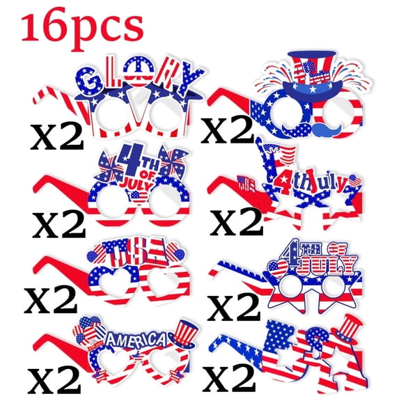 16pcs American Flag Glasses, USA Patriotic Party Glasses for July 4th, Independence Day, Memorial Day, Fun Photo Booth Props & Party Favors, 16 Paper Glasses