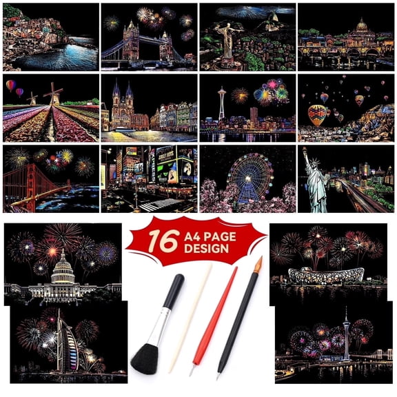 BSHAPPLUS® 16 Sheet Scratch Art Set,A4 Scratch Art Rainbow Painting Paper with Tools for Kids & Adults,Scratch and Sketch Foil Engraving Art Set for DIY Arts and Crafts Kits Christmas Birthday Gift