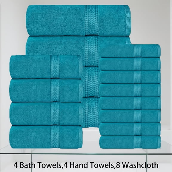 16pcs Bath Towel Set, 100% Cotton, 600g/㎡ Woven, Highly Absorbent & Soft, for Bathroom, Spa, Gym, Includes 4pcs Bath Towel, 4pcs Hand Towel, 8pcs Washcloth