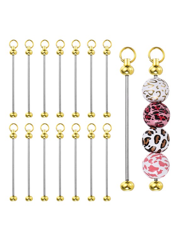 16pcs Beadable Keychain Bar, Beadable Keychains Blanks Beaded Keychain Bar Bulk Key Chain Rod Making Charm for Beads Jewelry Making DIY Focal Bead Crafts Backpack, Gold