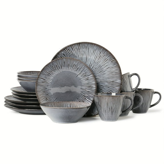 16pcs Beige Striped Ceramic Dinnerware, European Classical Style Set, Plate Spaghetti Bowl Soup Bowl Stoneware, Modern High-End Elegant Tableware for Parties, Weddings, Family Dinners or Gifts
