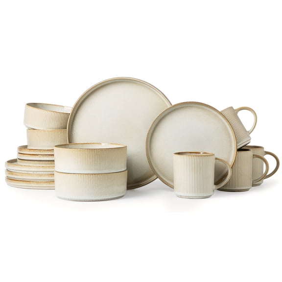16pcs Beige Striped Ceramic Dinnerware, European Classical Style Set, Plate Spaghetti Bowl Soup Bowl Stoneware, Modern High-End Elegant Tableware for Parties, Weddings, Family Dinners or Gifts
