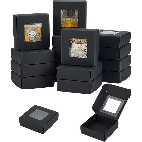 16pcs Black Mini Paper Boxes PVC Window Gift Boxes Square Present Boxes for Wedding Gift Chocolates Cookies and Other Small Crafts 4.9x4.7x1.6 Inch Black