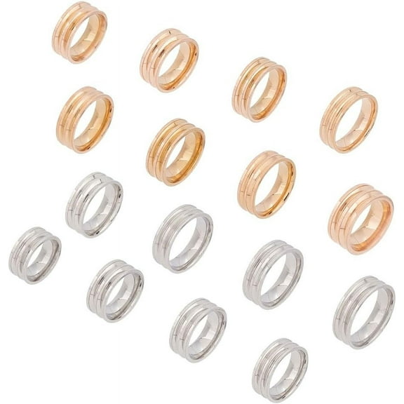 16pcs Blank Core Ring Set - 8 Sizes 2 Colors Titanium Steel Double Grooved Round Blank Inlay Rings for Handmade Jewelry Making Gifts for DIY