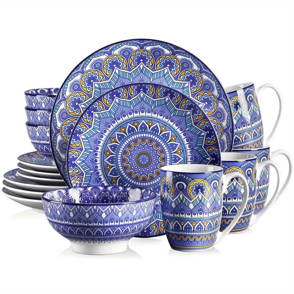 16pcs Bohemian Patterned Blue Porcelain Tableware Dinner Set with 4pcs Dinner Plate, Dessert Plate, Bowl, Mug For 4 Person