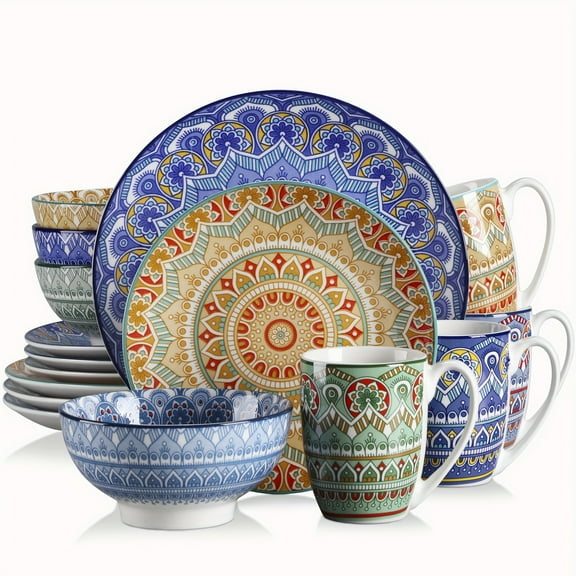 16pcs Bohemian Patterned Blue Porcelain Tableware Dinner Set with 4pcs Dinner Plate, Dessert Plate, Bowl, Mug For 4 Person