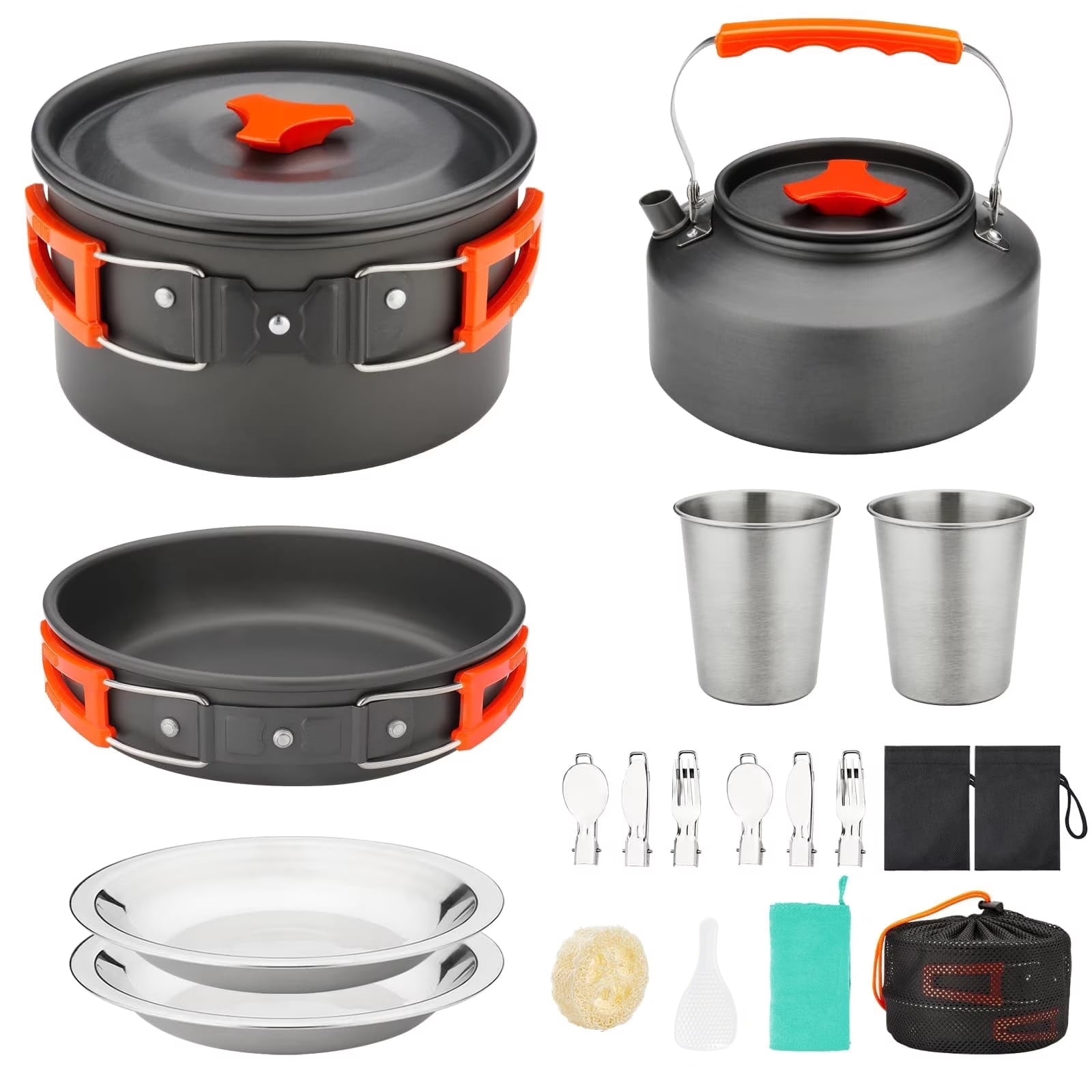 16pcs Camping Cookware Mess Kit, Non-Stick Lightweight Pot Pan Kettle Set with Stainless Steel Cups Plates Forks Knives Spoons for Camping, Outdoor Cooking and Picnic deal from Walmart