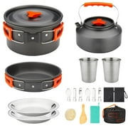 16pcs Camping Cookware Mess Kit, Non-Stick Lightweight Pot Pan Kettle Set with Stainless Steel Cups Plates Forks Knives Spoons for Camping, Outdoor Cooking and Picnic
