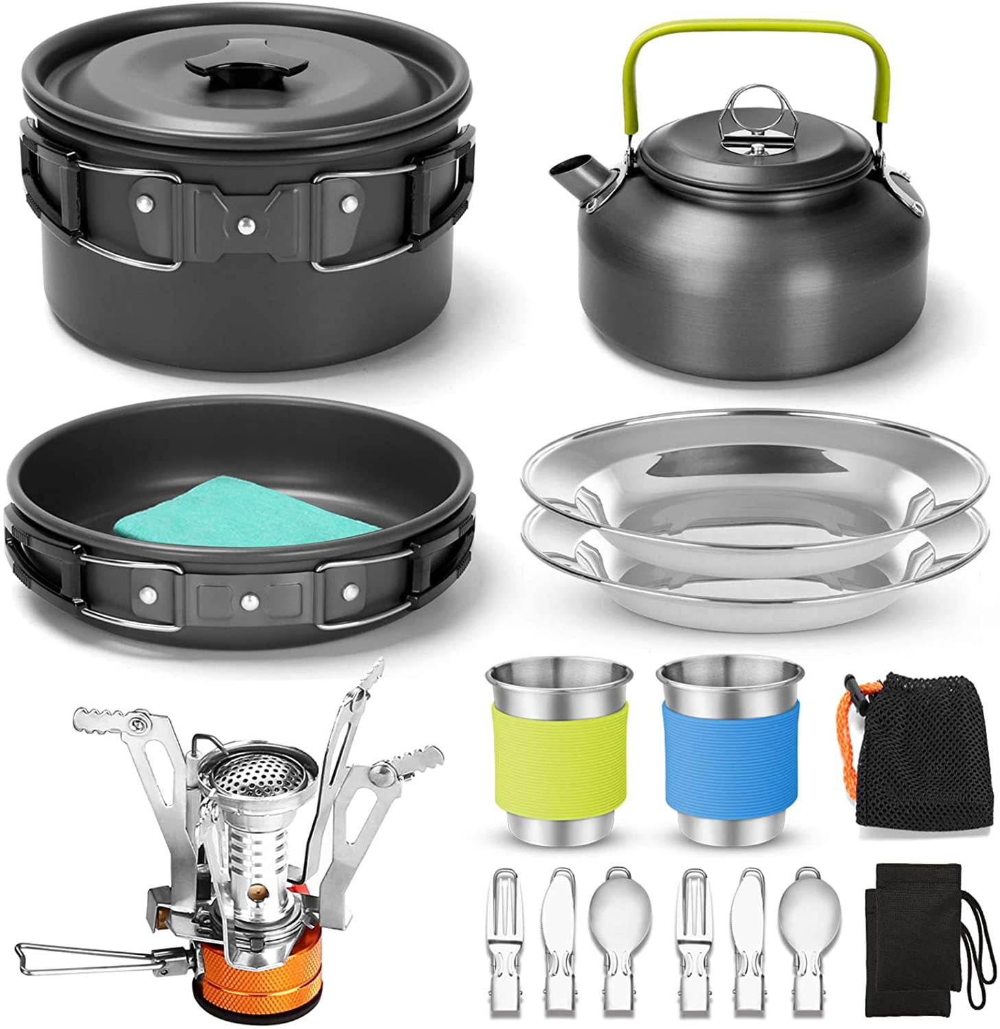 Welling 8Pcs Camping Cookware Mess Kit Non-Stick Rapid Heating  Multifunction 5-6 Persons Collapsible Mini Camping Pot Pan Set for Hiking  Backpacking Picnic 