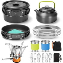 16pcs Camping Cookware Set with Folding Camping Stove, Non-Stick Lightweight Pot Pan Kettle Set with Stainless Steel Cups Plates Forks Knives Spoons for Camping Backpacking Outdoor Picnic