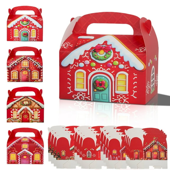 16pcs Christmas Red Cabin Gift Boxes, Holiday Candy & Gift Packaging Boxes, 4-Style Assorted Value Pack (Hot Sale), Dual-Use for Holiday Gift & Decoration, Christmas Handheld Paper Boxes