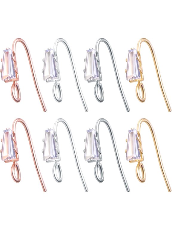 16pcs Crystal Rhinestone Earring Hooks Hypoallergenic Brass Ear Wire Hooks Cubic Zirconia French Fish Hook Earrings with Loop Hole for DIY Dangle Earrings Jewelry Making, 4 Colors