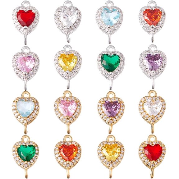 16pcs Cubic Zirconia Heart Link Charms Colorful Brass Heart Charms Rhinestone Gold and Silver Plated Links Pendant