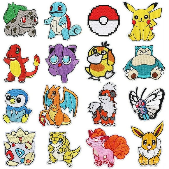 16pcs Cute Cartoon Pokemon Pikachu Chenille Patches Embroidered Iron On Patches, Crest Iron On Applique Patch for T-Shirt Jackets Jeans Vests Hats Backpacks DIY Craft, Multicolor