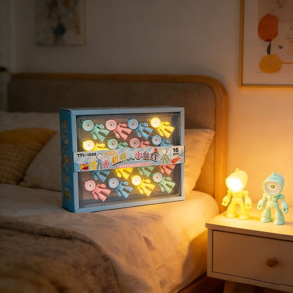 16pcs Cute Robot Figurine Night Light, Adjustable Battery-Powered LED Lamp, Eye-Caring Children's Night Light for Bedroom Decor