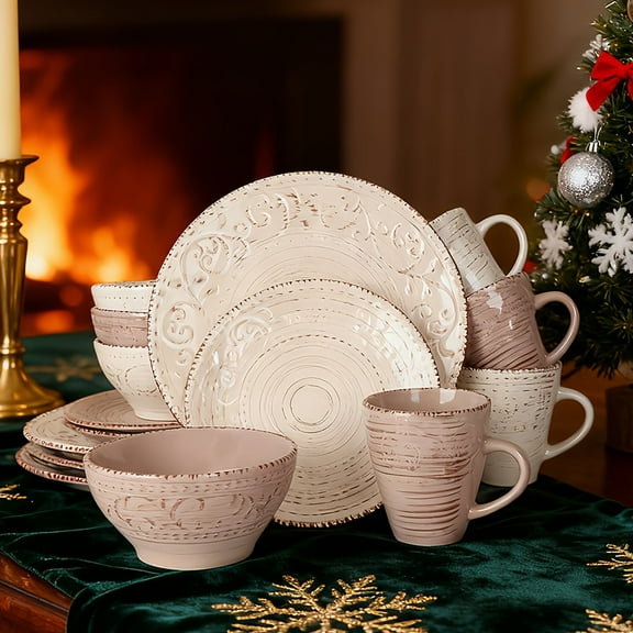 16pcs Dinnerware Set for 4: White & Blue Coffee Stoneware Includes Dinner/Dessert Plates, Salad Bowls & Mugs, Chip/Scratch Resistant, Dishwasher/Microwave Safe - Christmas & Thanksgiving Gift