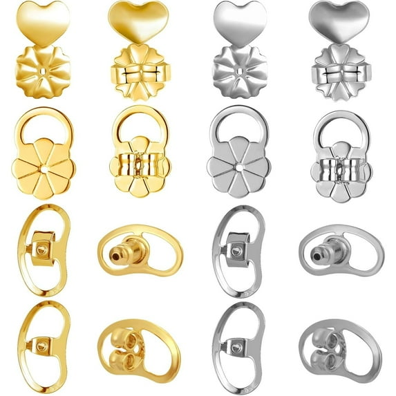 16pcs Earring Backs for Droopy Ears, Adjustable Heavy Earrings Lifters Backs Brass Secure Ear Support Backings Stoppers Repacements for Studs Droopy Earlobe Hoops, 4 Styles