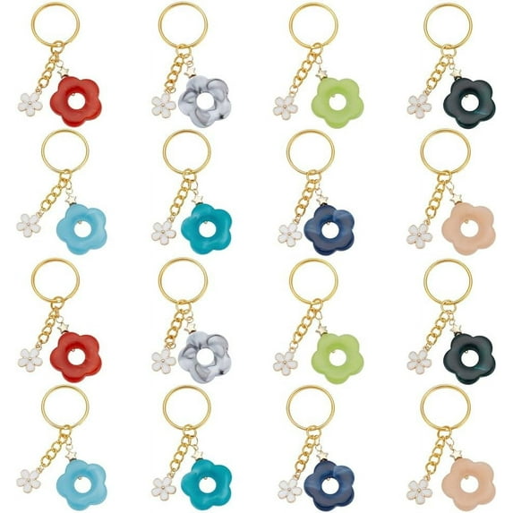 16pcs Flowers Charms Keychains 8 Colors Alloy Enamel Cute Flowers Chain Bag Purse Charms Floral Keyrings for Gifts Car Keys Wallet Women Handbag Pendant Bag Accessories