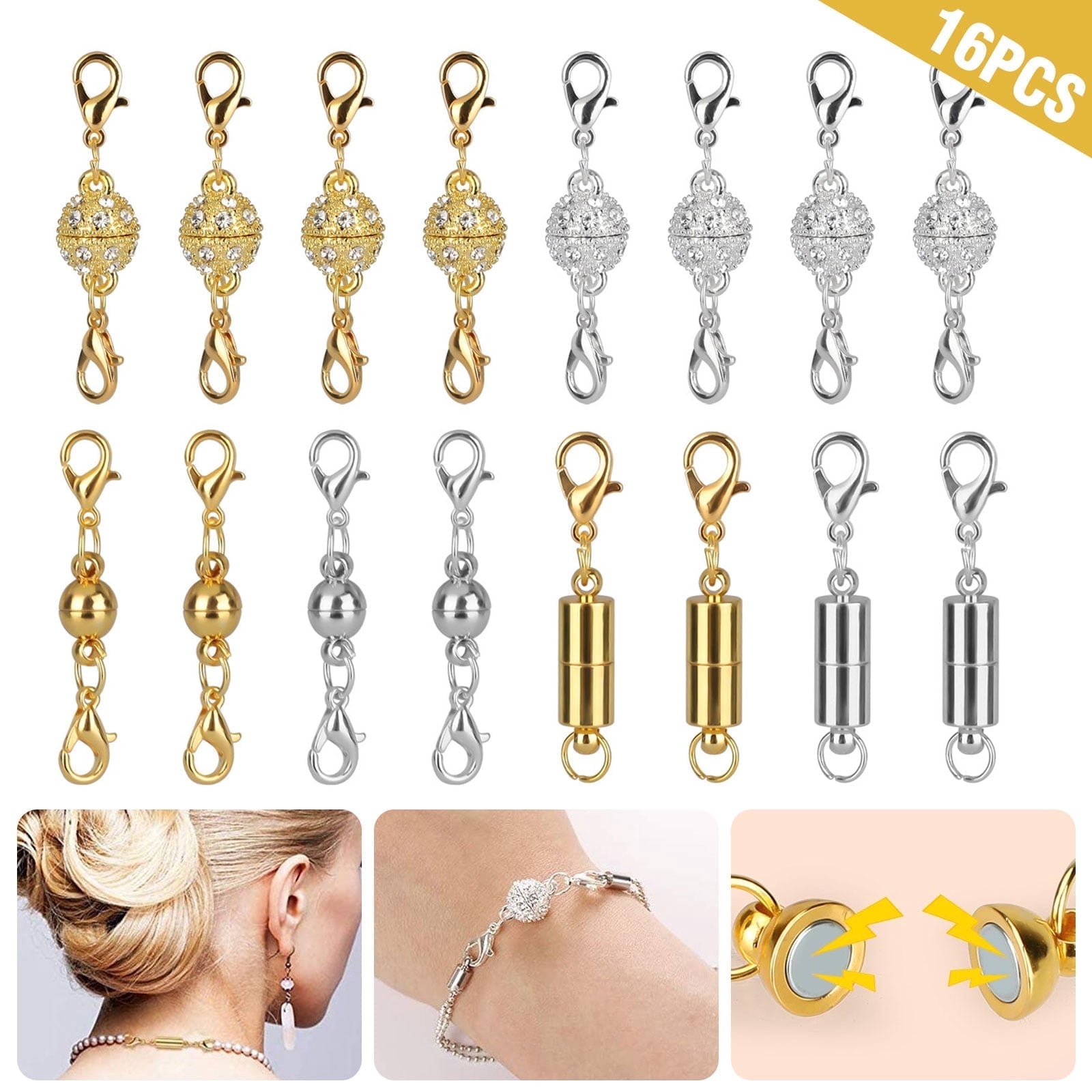 EEEkit 16pcs Gold and Silver Magnetic Jewelry Clasps, 3 Styles