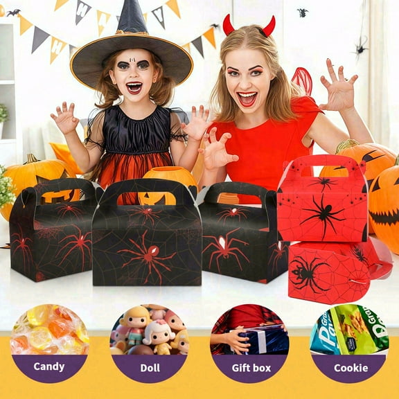 16pcs Halloween Spider Handheld Paper Boxes, Festival Horror Gift Packaging Boxes, Foldable Thickened Handles, Creative Foldable Tote Bags, Pumpkin Party Decoration Boxes