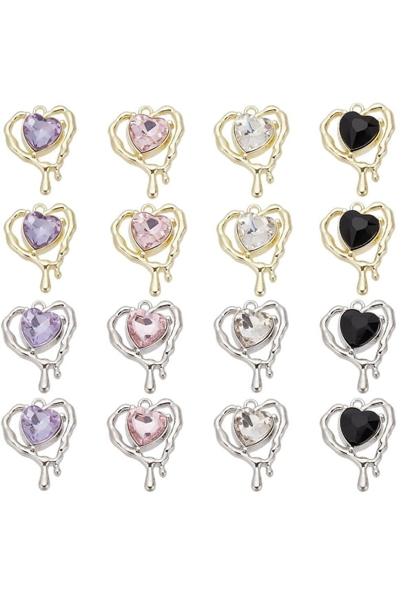 16pcs Heart Pendants Charms 8 Colors Glass Heart with Alloy Pendants Charms for DIY Jewelry Making Bracelets Necklace Earrings Choker Tiny Dangle Accessories Wedding Valentine's Day Mixed Color