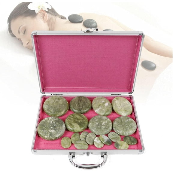 16pcs Hot Stones Massage Set with Warmer, Portable Natural Green Jade Heated Hot Rocks Set Massage Stone Warmer Kit for Home SPA Relaxation Treatment Pain Relief