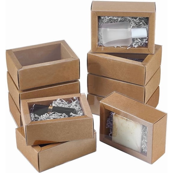 16pcs Kraft Paper Drawer Box 4.4x3.2x1.7inch Rectangle Homemade Soap Box with Window Small Cardboard Present Packaging Boxes for Weeding Party Jewelry Crafts Present for DIY